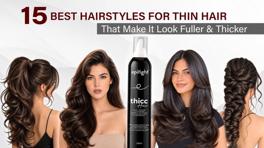 Epitight Thicc Hair volumizing mousse in a black bottle with a white pump surrounded by rich white foam against a cool grey background.