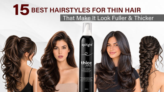 Epitight Thicc Hair volumizing mousse in a black bottle with a white pump surrounded by rich white foam against a cool grey background.